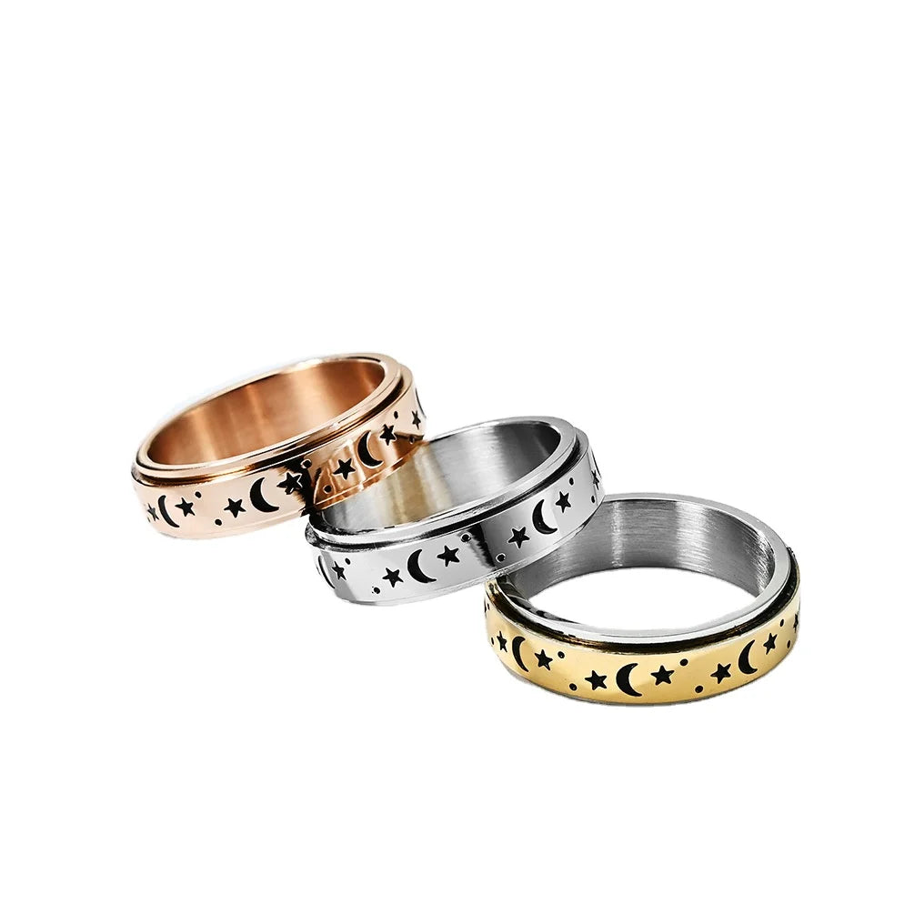 2022 New Spinning Spinner Ring for Men Women Anxiety Fidget Rings Stainless Steel Moon Star Roman Numerals Chain Rotating Ring