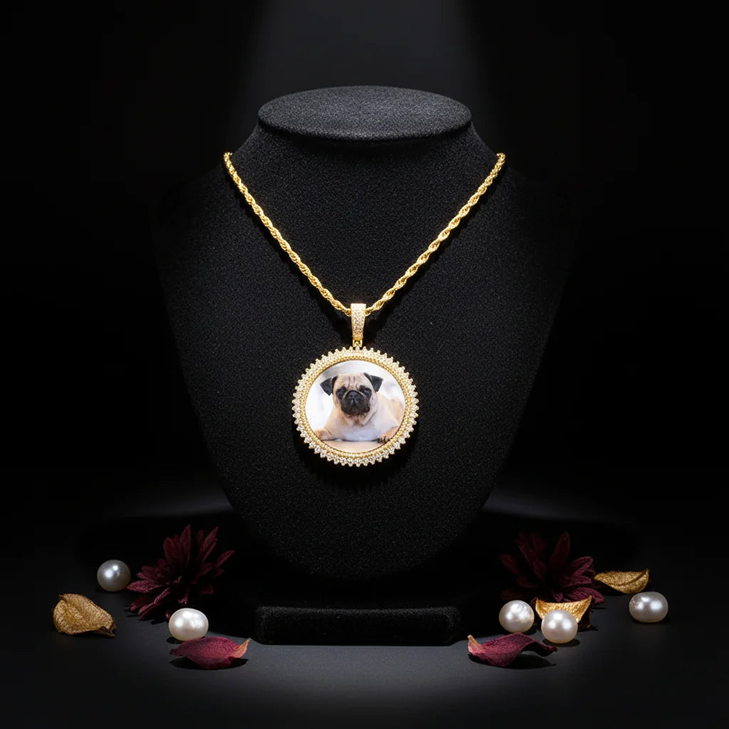 Custom Rhodium Plated Brass Zircon-Trimmed Memory Gift Circle Photo Picture Classic Trendy Charms Pendant Necklace Anniversary
