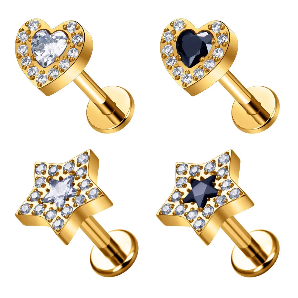ASTM F136 G23 Titanium 20G Heart and Star Shape CZ Inlay Labret Ear Stud Earlobe Tragus Helix Cartilage Women Piercing Jewelry