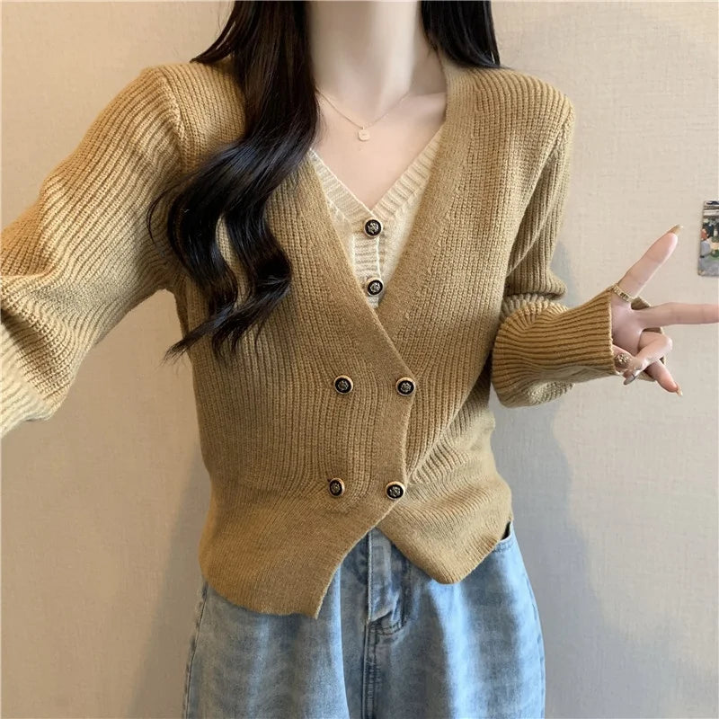 Fashion V-neck Splicing Color Contrasting Long-sleeved Sweater Women's Autumn False Two-piece Knitwear Pullover Sweater Cardigan