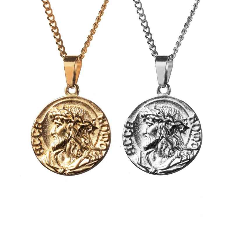 Mens Stainless Steel Crown Thorns Jesus Head Pendant Jesus Christ Pendant Necklace Round Medal Prayer Coin Pendant Curb Chain