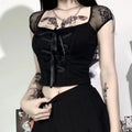 RNSHANGER Vintage Tee Tops Goth Women Bodycon Bandage Lace Black T-shirts Gothic Streetwear Sexy Female Top Casual Mesh T Shirts