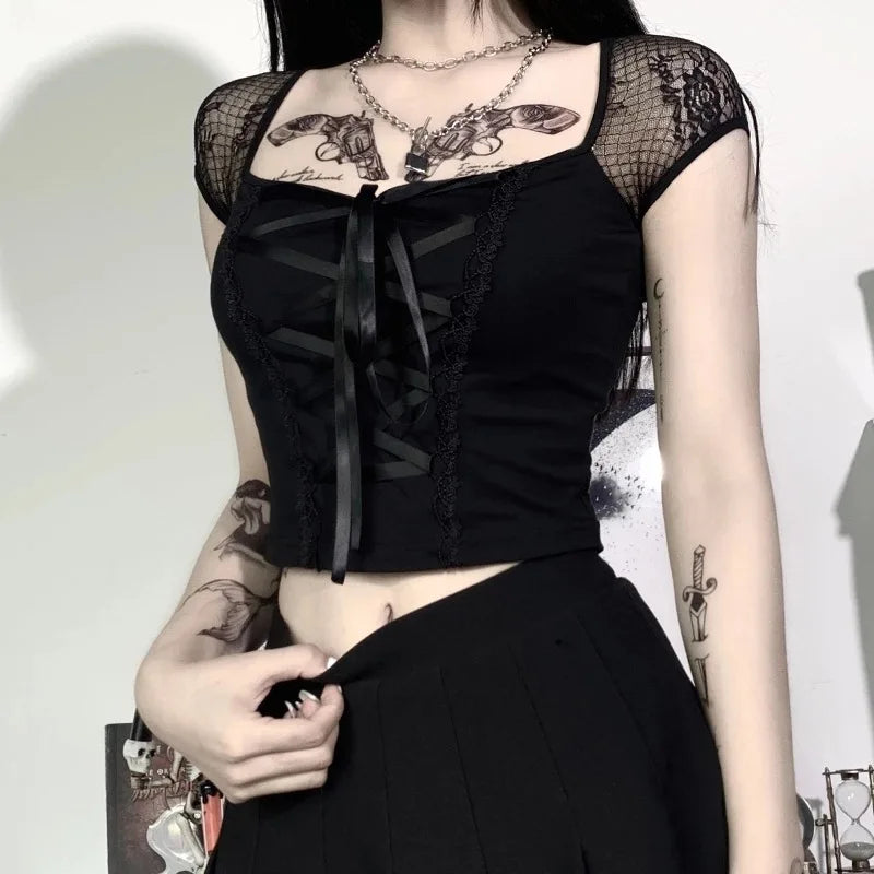 RNSHANGER Vintage Tee Tops Goth Women Bodycon Bandage Lace Black T-shirts Gothic Streetwear Sexy Female Top Casual Mesh T Shirts