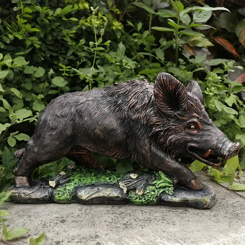 Wild Boar Resin Sculpture Dynamic Animal Statue on Mossy Rock Base Outdoor Garden Decor for Patio or Lawn