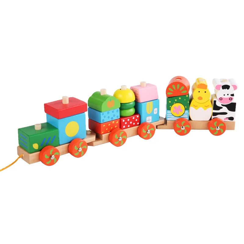 2025 New Style Stock Kids Educational Toys Train Pull Cart Wooden Block Train Pull Push Toys