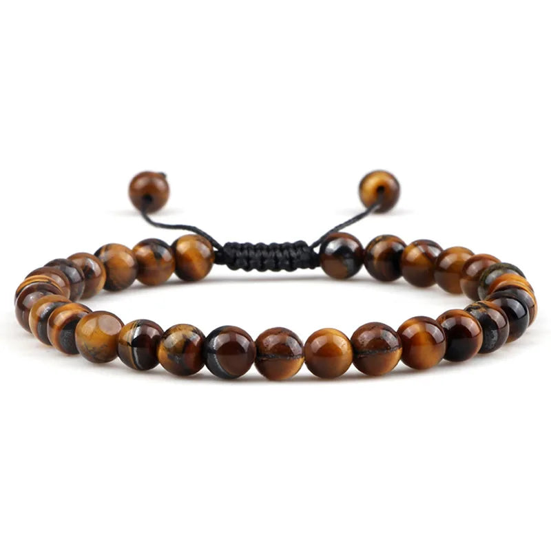 RisingMoon 6mm Tiger Eye Stone Bracelets Handmade Charm Gemstone Beaded Bracelet Adjustable Braided Rope Women Men