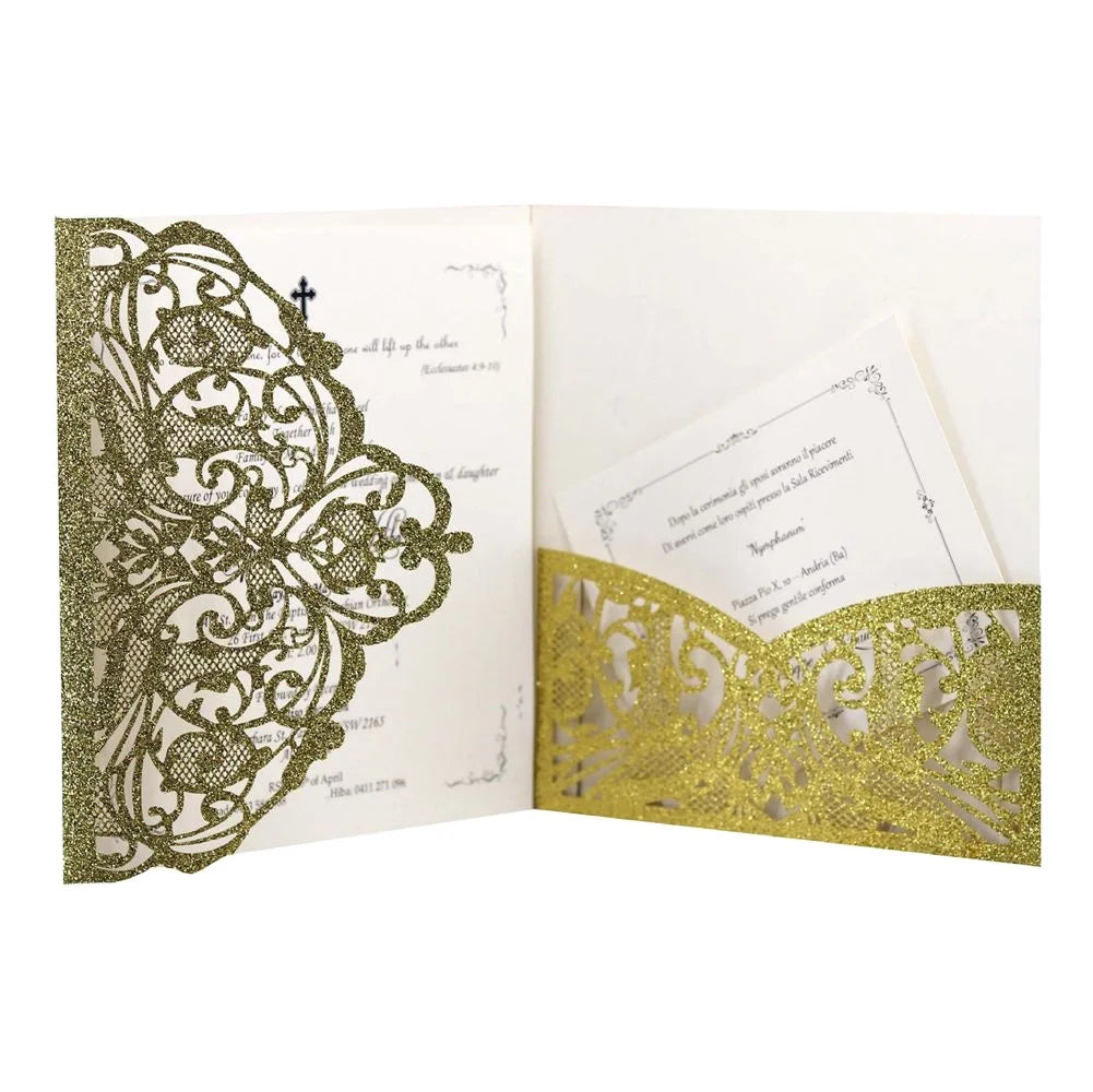 Custom Hollow Gold Glitter Laser Cut Pocket Wedding Invitation Card Gold Powder Paper Greeting Card Customize Business Cards