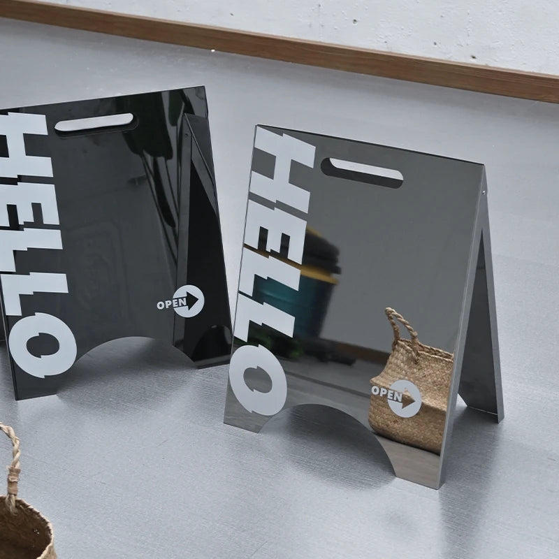 Customized Mirror Stainless Steel Folding Double-sided Floor Display Stand Billboard Standing Sign