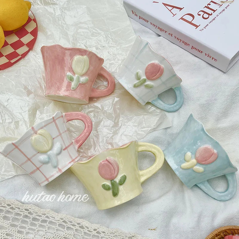 Ins Hand Painted Embossed 3D Tulip Ceramic Mug  Retro French Irregular Ceramic  Breakfast Mug Home Tableware
