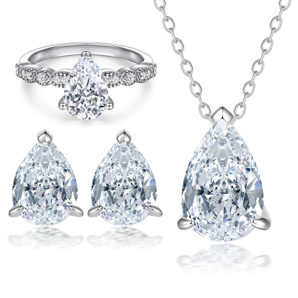 Three-piece European and American Women's Ring Pear-shaped Zircon Earrings Pendent Necklace  for Women