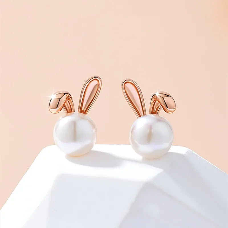 Lucky Rabbit 925 Sterling Silver Freshwater Pearl Stud Earrings