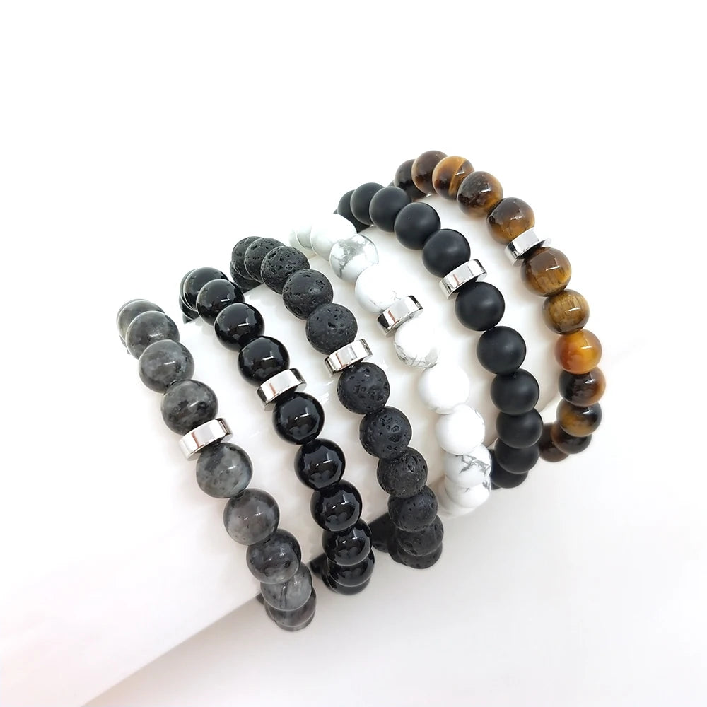 New Arrived  Hot Selling Wholesale Custom Magnet Charm 8mm  Beads Stretch Natural Stone Lava Bead Bracelet for Couple