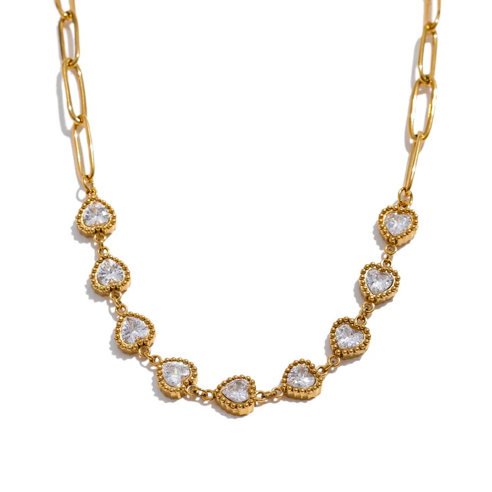 JINYOU 994 Fashion Colorful Shiny Cubic Zirconia Heart Chain Collar Necklace High-Grade Waterproof Delicate Femme Jewelry New