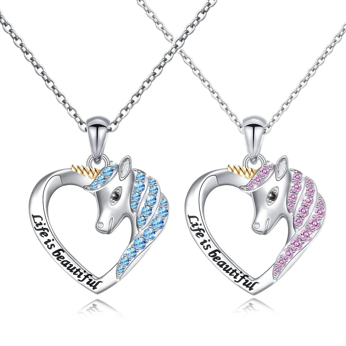 GP139 Unicorn Pendant Sterling Silver Life Is Beautiful Unicorn in Heart Necklace Pendant for Women Girlfriend Daughter Gift