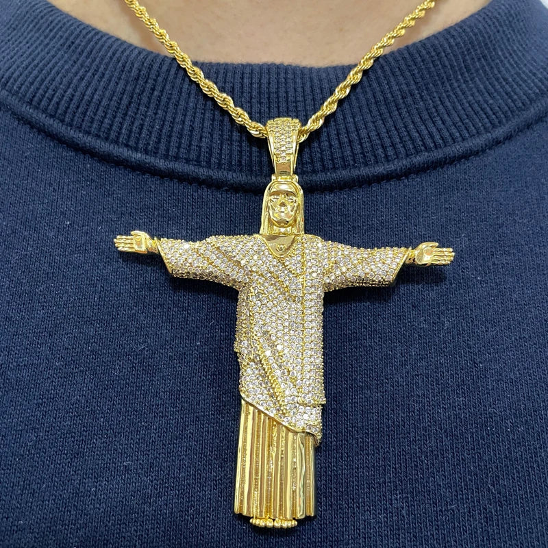 Iced Out Religious 18K Gold Plated Brazil Christo Redentor Rio Christ the Redeemer Statue Jesus Necklace Brazilian Jewelry