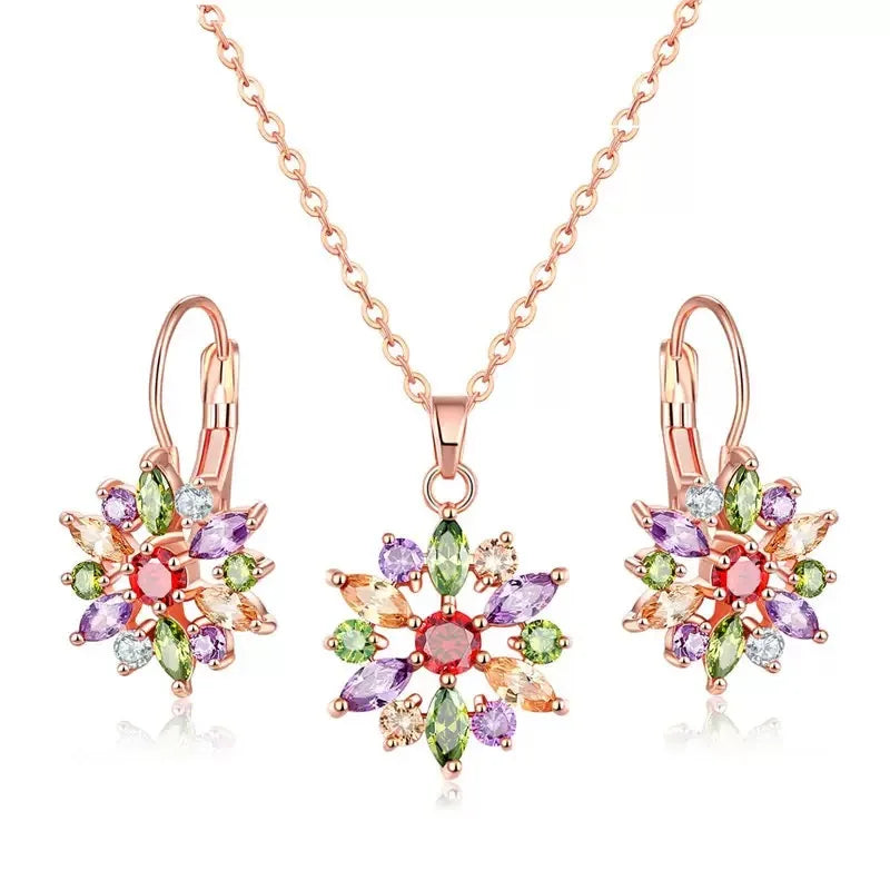 Dainty Jewelry Earring Necklace Wedding Gift Copper Colorful Zircon Flower Jewelry Set for Women