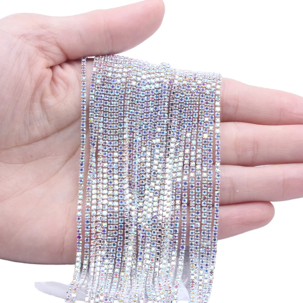 SS6-SS12 10yards Colorful Rhinestone Dense Chain Trim Sew on Glass Crystal Cup Chain Gule on Rhinestone Banding for DIY