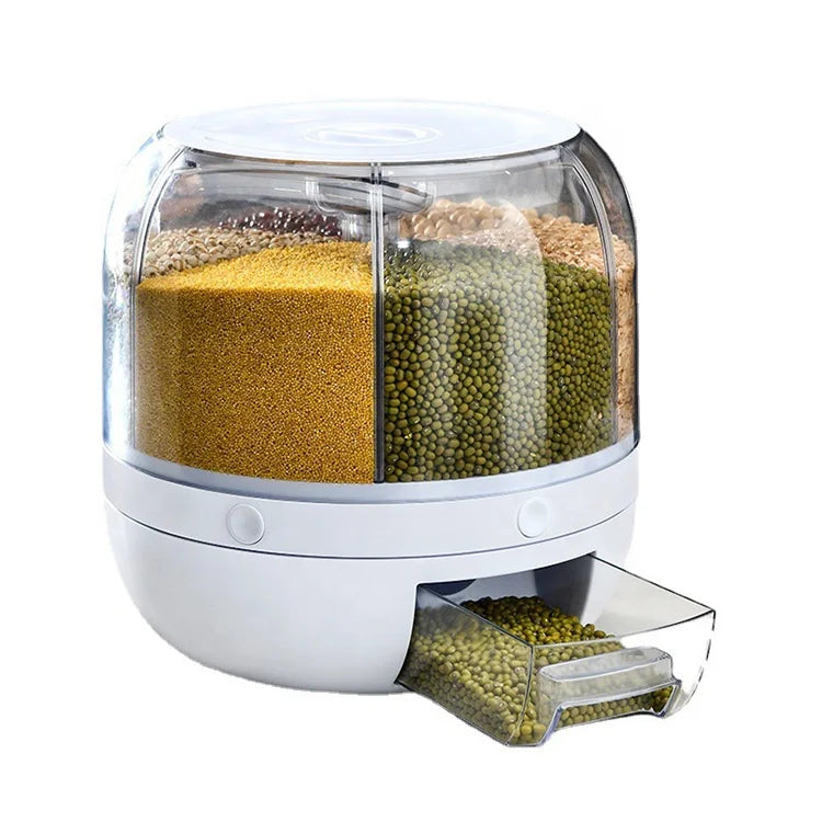 Waterproof Moisture-proof Sealed Cereal Storage Container Box Automatic 6-grid Rotating Cereal Rice Dispenser