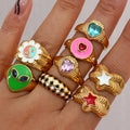 Dreamshow Water Resistant Stainless Steel 18K Gold Plated Women's Heart CZ Stone Flower Alien Yingyang Colorful Ring Y2K Jewelry
