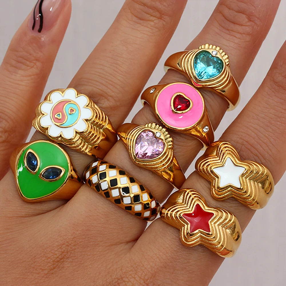 Dreamshow Water Resistant Stainless Steel 18K Gold Plated Women's Heart CZ Stone Flower Alien Yingyang Colorful Ring Y2K Jewelry