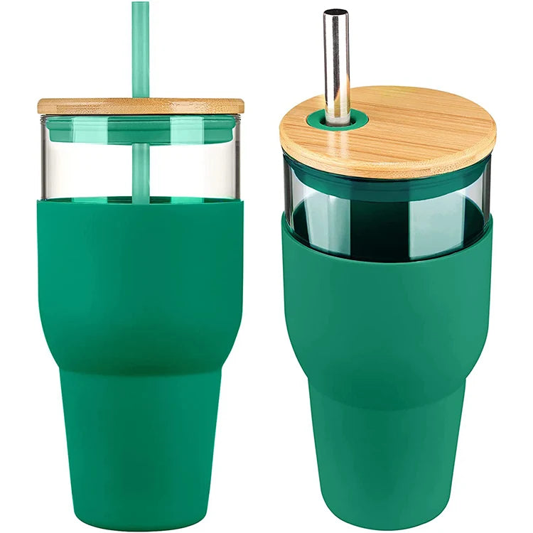 Hot Sale 32oz Glass Tumbler with Straw for Juice Eco Friendly Glass Water Bottle With Silicone Sleeve Bamboo Lid