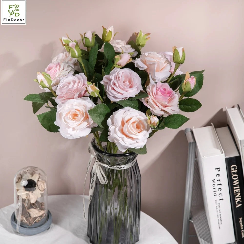 Factory Sale Cheap 46cm Artificial Silk Rose Flowers Milk Pink Green Flowers for Wedding Home Bar Decorative Flower Wholesale