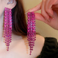 Luxury 925 Sterling Silver Post Tassel Geometric Earrings Rose Red Statement Long Block Tassel Rhinestone Earrings for Lady