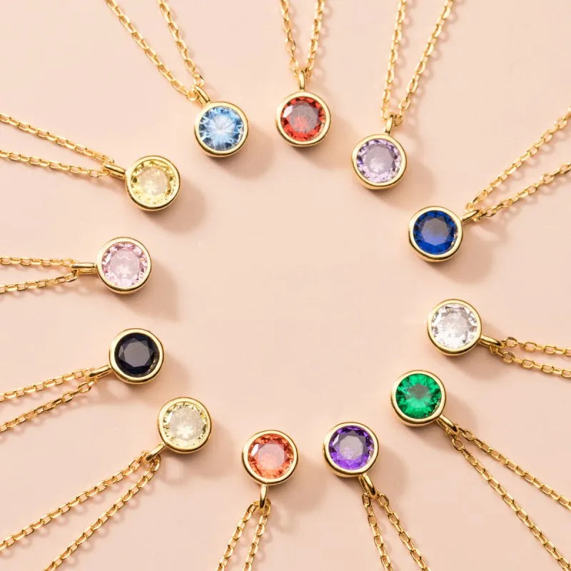 Colorful 12 Months Round Crystal Charm 18K Gold Plated 925 Sterling Silver Birthstone Pendant Necklace