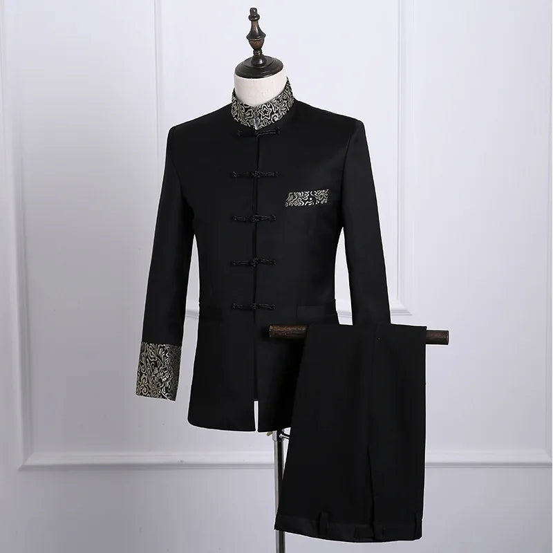 S-4XL Standing Collar Tang Suit Set Men's Single Row Buckle Chinese Style Host Dress Chinese Style Performance Suit
