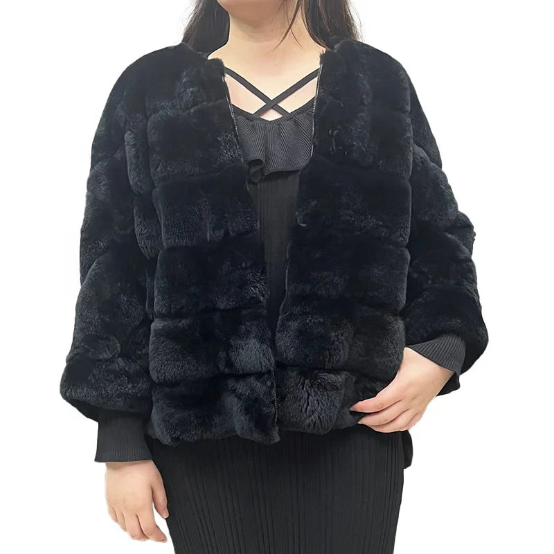 Custom Winter Luxury Fur Jacket Batwing Sleeve Rex Rabbit Fur Coat for Women