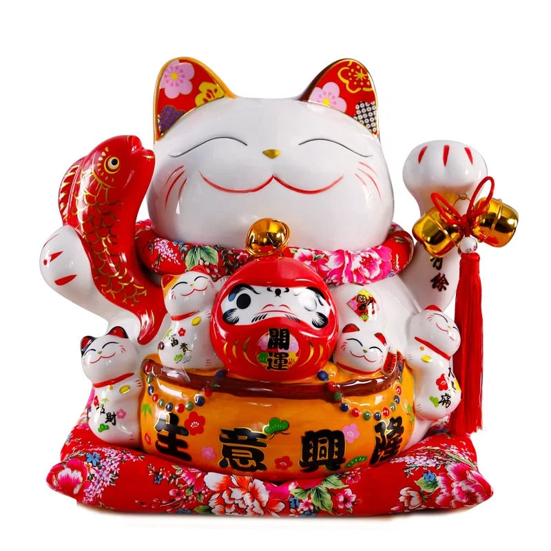 Piggy Bank 15 Inch Large Big Size Wealth Rolling Ceramic  Lucky Cat for Money Coin Bank New Year Rich Booming Business Ornaments