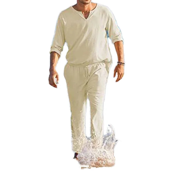 Autumn Men's Casual 2-Piece Set S-4XL Long Sleeved Linen Top Work Pants Streetwear Loose Fitting Breathable for Summer Work