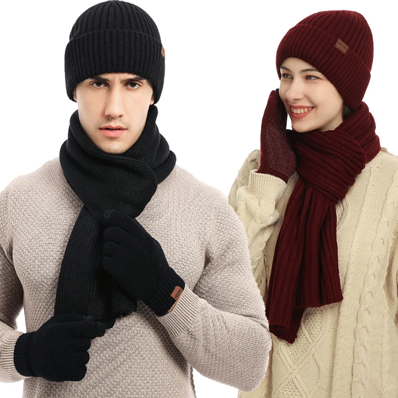 Autumn and Winter New EUR and USA Knitted Hat Suit Men Women Winter Solid Color Scarf Hat Three-piece Set