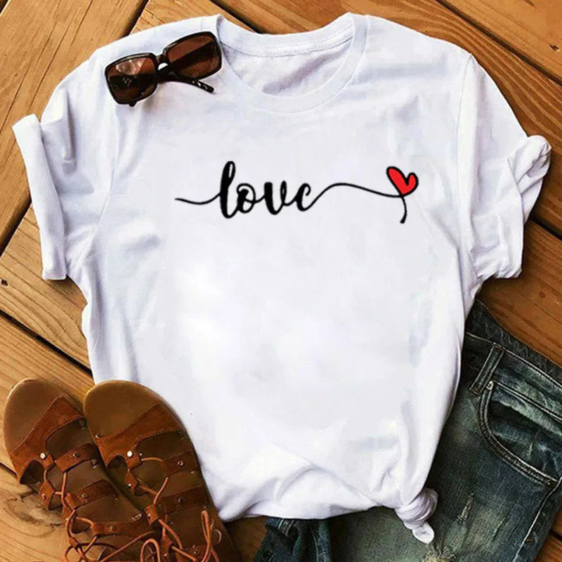 Leopard Heartbeat Short Sleeve Women's T-Shirt Letter Print Plus Size Girl's Blouses & Shirts Tops Tee Harajuku Graphic Clothing
