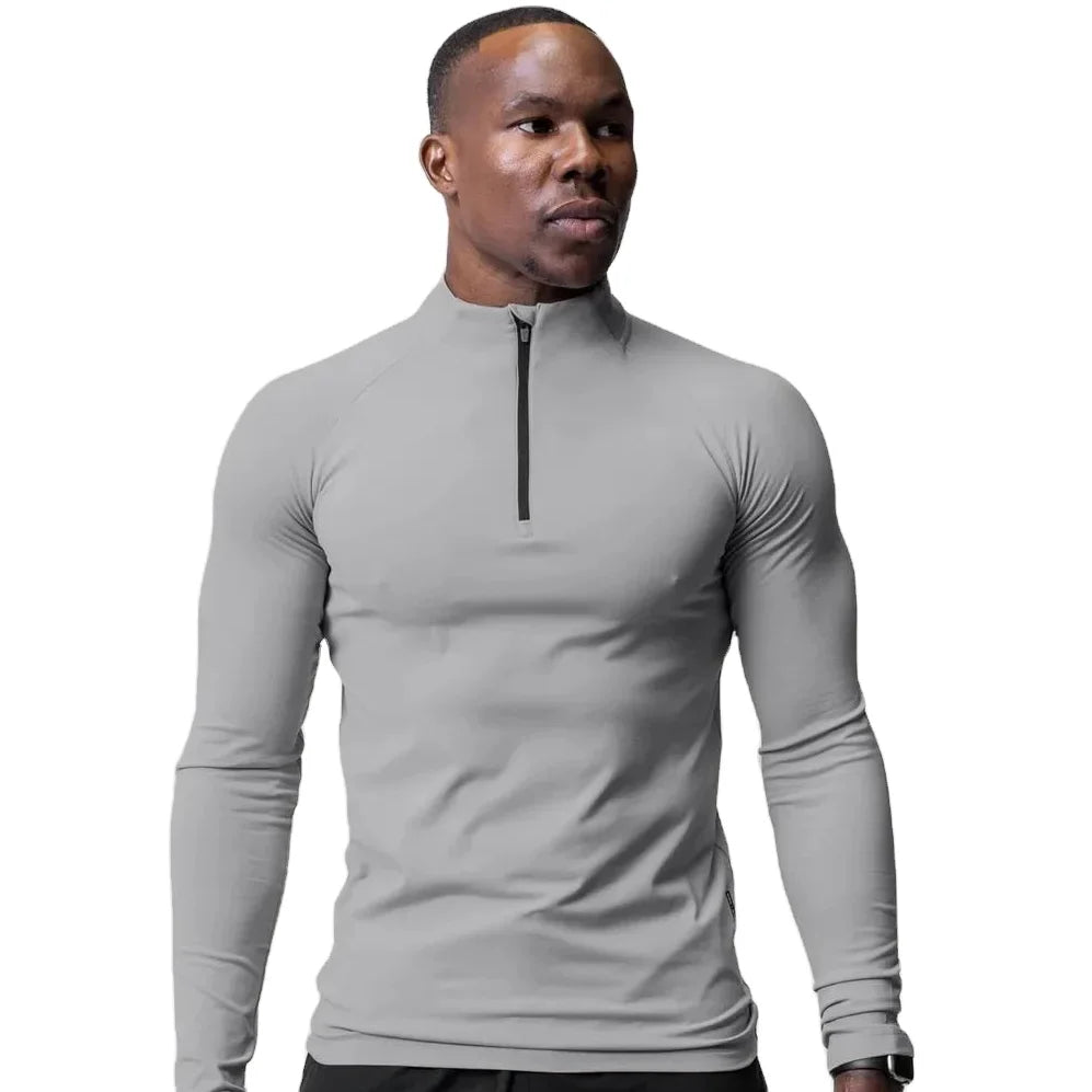 Polyester Spandex Winter Plus Size Zip up Fitness Running Print Quick Dry Custom Long Sleeve Men Sports T-Shirt