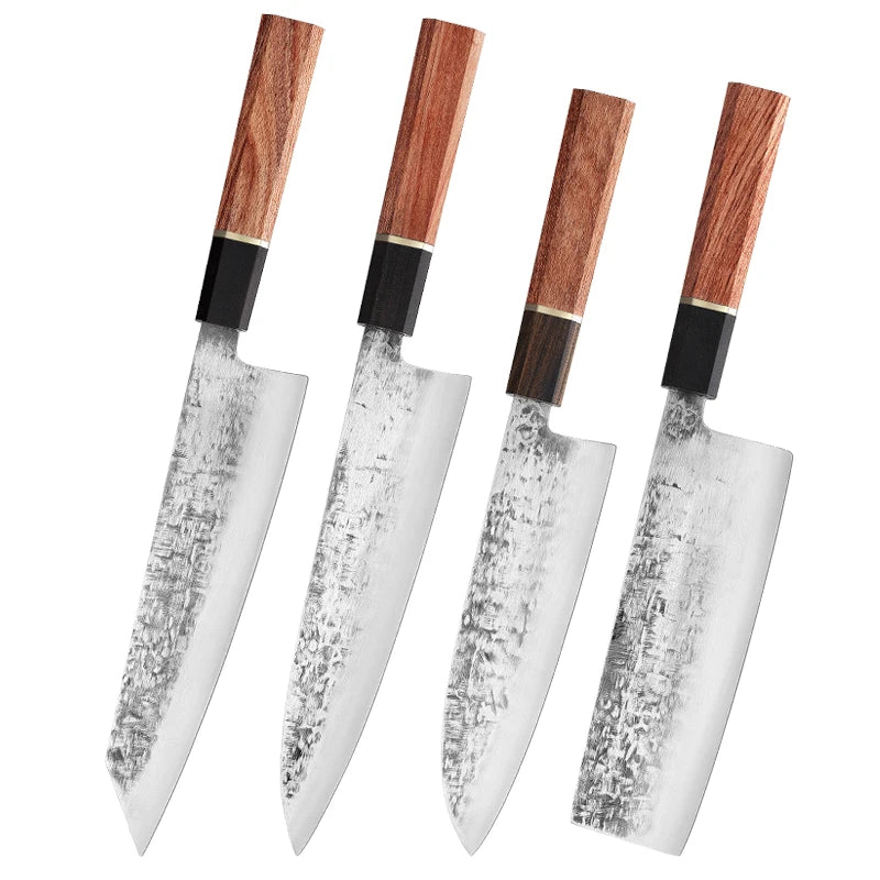 4 Pcs Chef Knife Set with Octagonal Wood Handle Handmade Forged High Carbon Steel Kiritsuke Santoku Nakiri Kitchen Knife