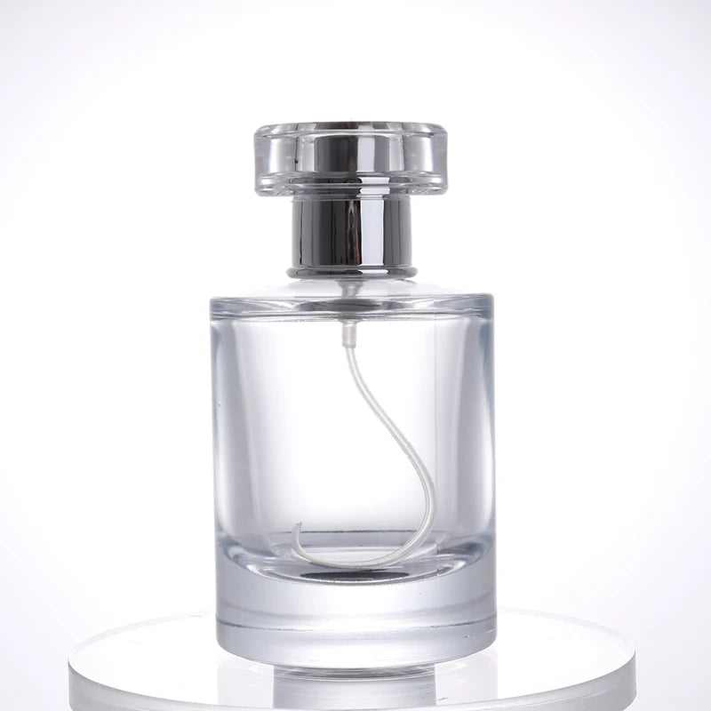 Empty Cylindrical Round 50ml Glass Perfume Bottle Packaging with Cap Crimp Spray
