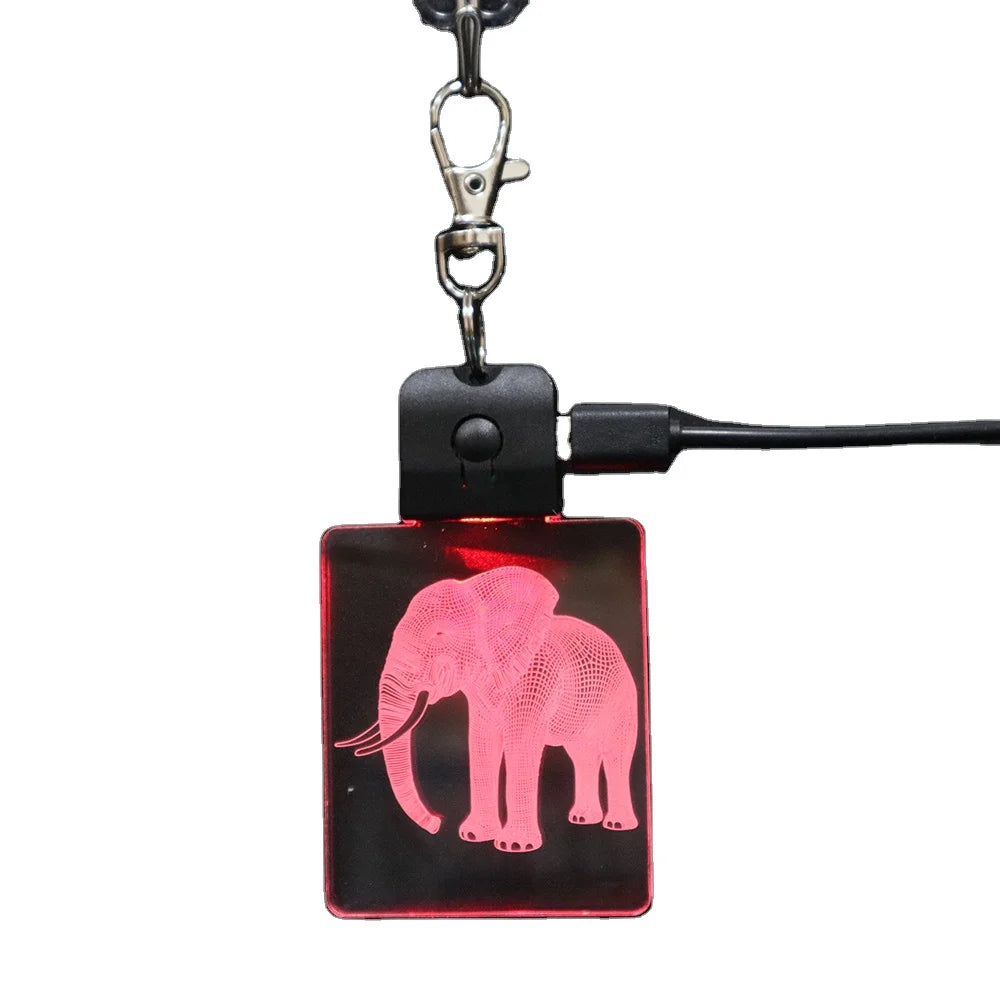 Elephant Animal Crystal Glass Rechargeable Key Ring Usb Cable Push Button Led Acrylic Keychain