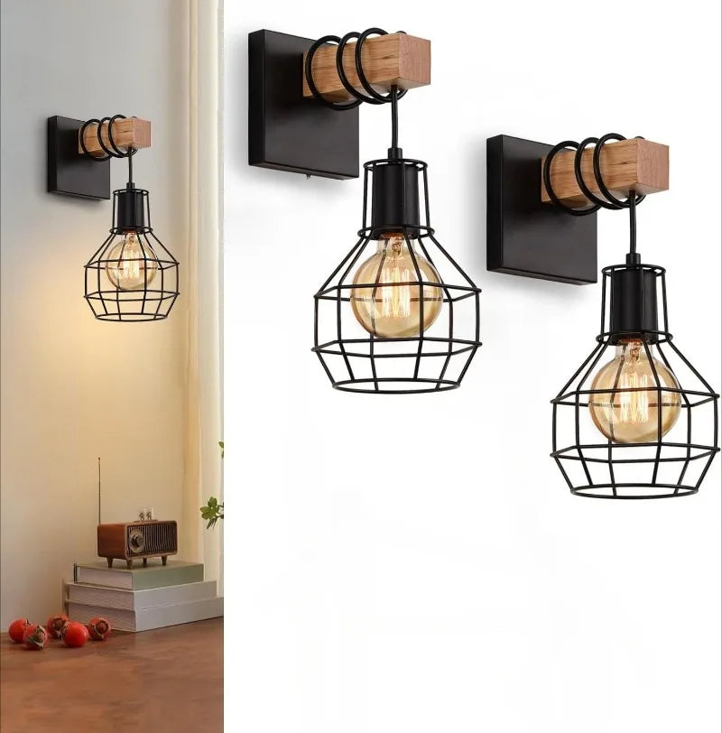 Set of 2 Industrial Wall Sconces Mount Light with Metal Cage Shade Black Wall Lights Indoor for Kitchen Living Room E27 Base