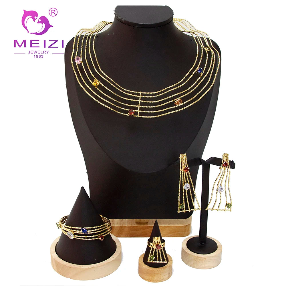 MEIZI JEWELRY Fashion 24k Gold Plated Saudi Arabia Exaggerated Bracelet Ring Earrings Necklace Wedding Jewelry Sets
