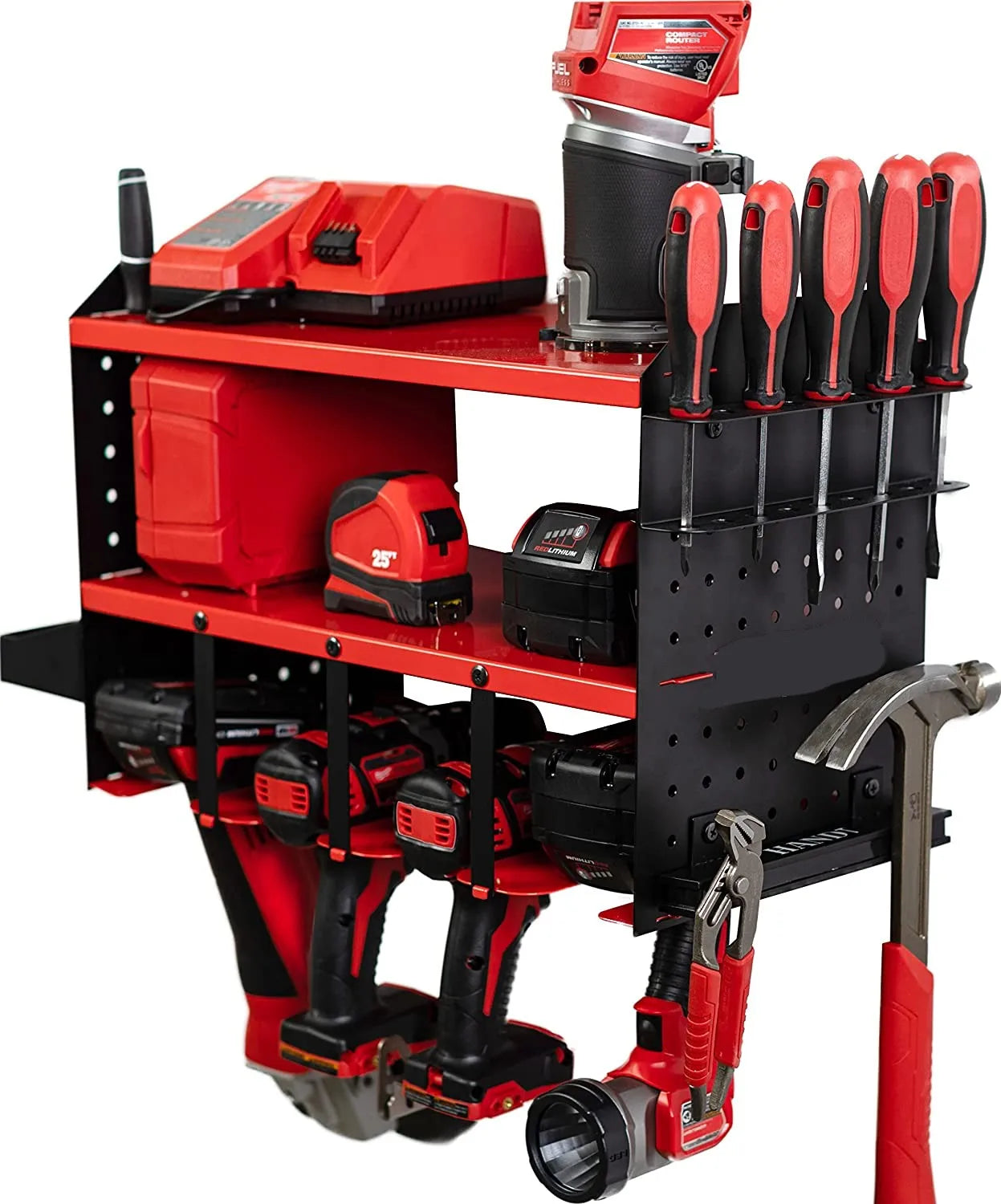 Pegboard Cordless Drill Battery Charging Station Utility Shelf Power Tool Organizer with Magnet Bar Storage Bin