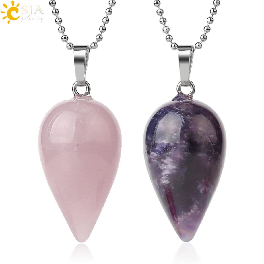 CSJA Natural Crystal Necklaces Healing Stone Amethyst Rose Quartz Water Drop Pendants for Women Men Fashion Jewelry G402