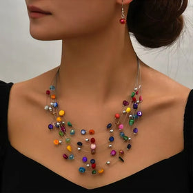Popular Bohemian Beach Crystal Beads Shell Ethnic Style Multi Layered Earing and Necklace Set Jewelry
