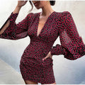 2023 Autumn Printing V-neck Wrapped Chest Puff Sleeves Skirt Dress Women's Clothing Europe Custom Logo Summer Vintage Natural