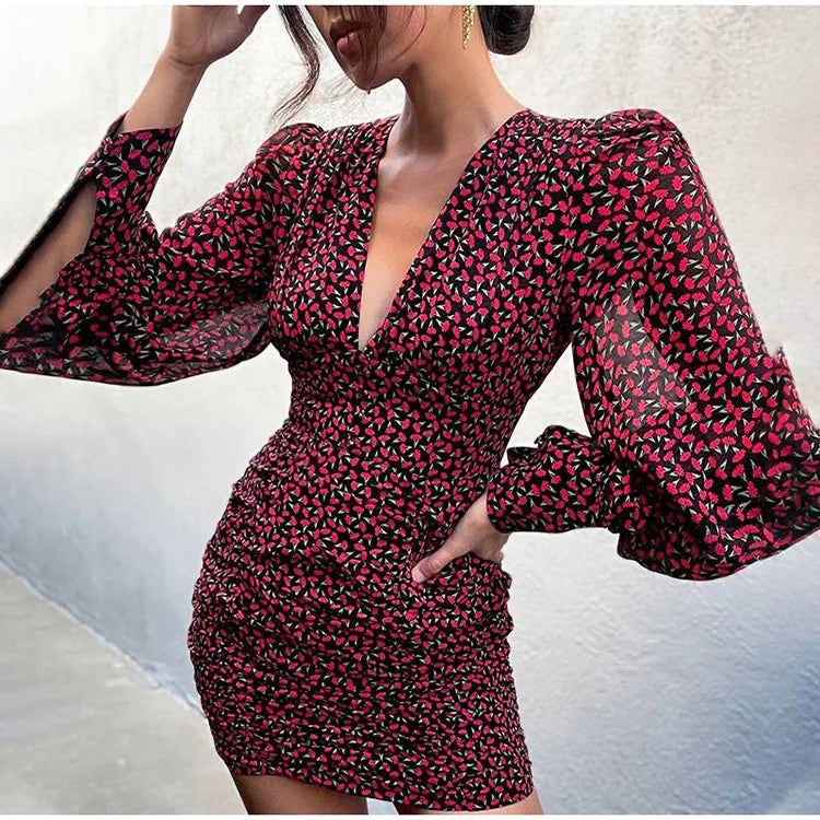 2023 Autumn Printing V-neck Wrapped Chest Puff Sleeves Skirt Dress Women's Clothing Europe Custom Logo Summer Vintage Natural