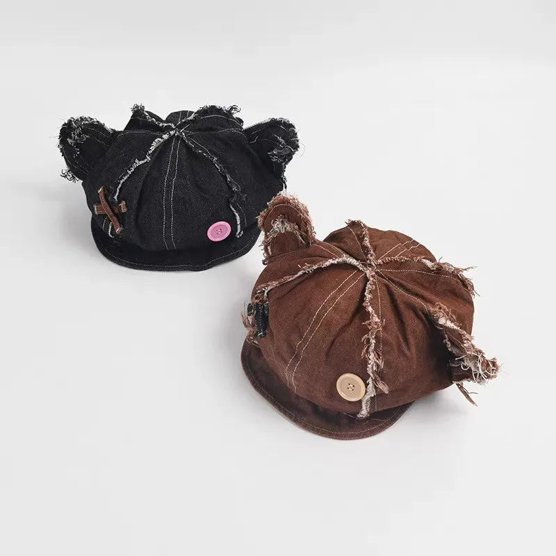 Y2K Bear Ear Soft Brim Hat Retro Distressed Denim Beret Octagonal Cap Button Decorate Detective Bear Newsboy Cap