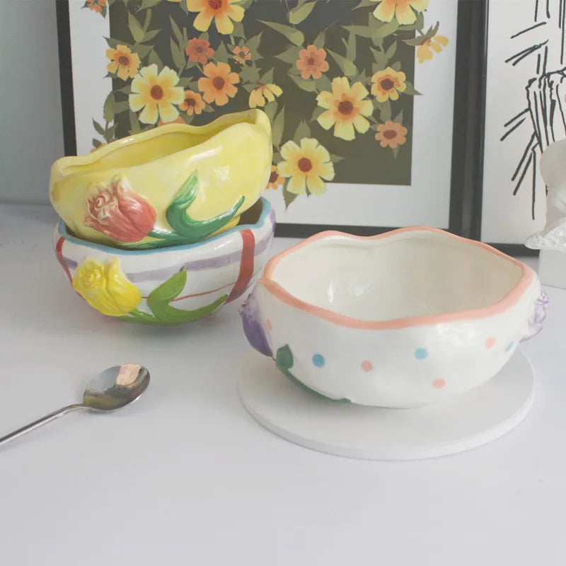 Solhui Ins Hand-painted Ceramic Underglazed Embossed Flower Bowl Dessert Bowl Fruit Yogurt Bowls