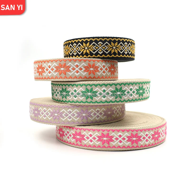 Manufacturers Wholesale 1.5 Inch National Wind Polyester Jacquard Webbing 38mm Bag Webbing Flower Braid Belt Ribbon