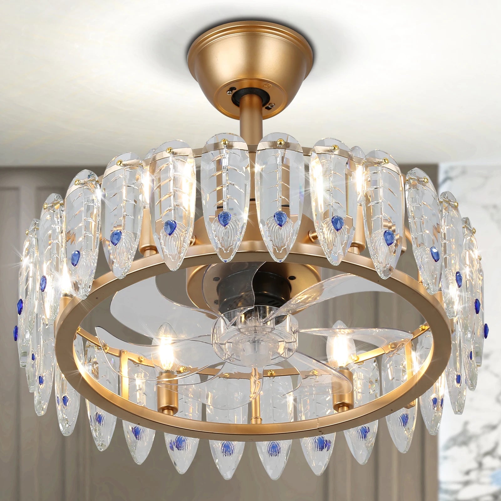Luxurious Gold Remote Control Ceiling Fan with Light Elegant Crystal Chandeliers & Pendant Lights CE Certified