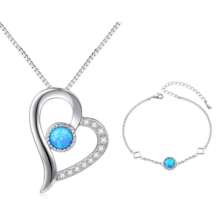 Wholesale Fashion Anniversary Wedding Women Gift Pendant 925 Sterling Silver Zircon Heart Necklace Round Bracelet Jewelry Set